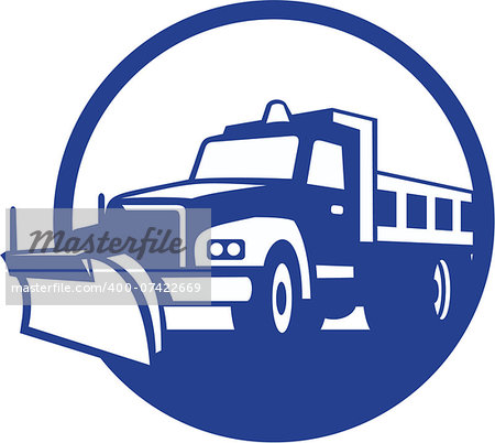 Illustration of a snow plow truck set inside circle on isolated background done in retro style.