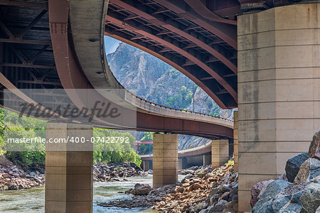 Colorado River and highway  bridges in Glenwood Canyon, Colorado