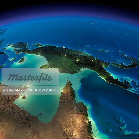 Highly detailed Earth, illuminated by moonlight. The glow of cities sheds light on the detailed exaggerated terrain and translucent water of the oceans. Night Earth. Australia and Papua New Guinea. Elements of this image furnished by NASA