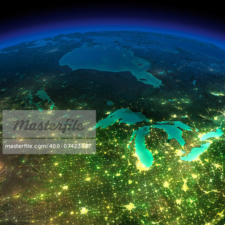 Highly detailed Earth, illuminated by moonlight. The glow of cities sheds light on the detailed exaggerated terrain. Northern U.S. states and Canada. Elements of this image furnished by NASA