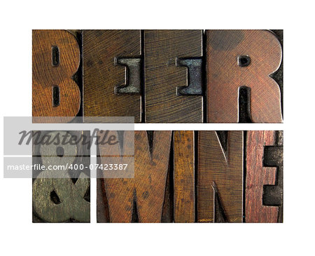 The words BEER AND WINE written in vintage letterpress type