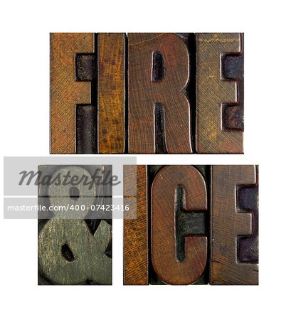 The words FIRE AND ICE written in vintage letterpress type