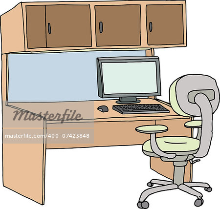 Empty cubicle with chair, computer and mouse on white