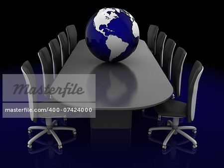 3d illustration of conversation table with earth globe