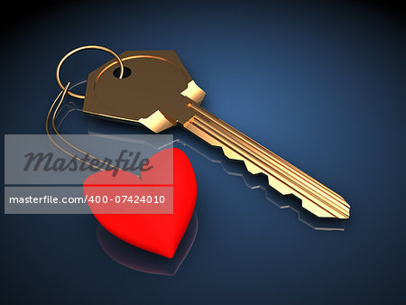 3d illustration of golden key with heart, over dark blue background