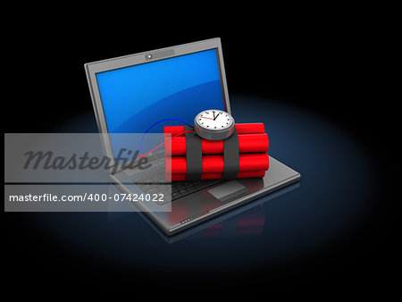 3d illustration of laptop computer with bomb, over black background