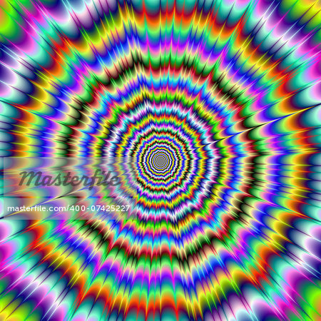 Digital abstract fractal image with a colour explosion design in a multitude of colours giving an optical illusion of movement.