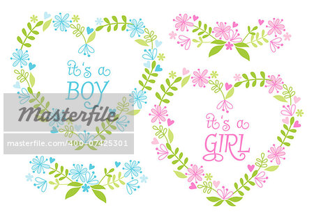 New baby boy and girl, blue and pink floral heart wreath, vector set