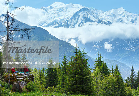 Mont Blanc mountain massif and family on stone (France, view from Plaine Joux outskirts).