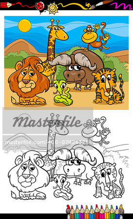 Coloring Book or Page Cartoon Illustration of Scene with Wild Safari Animals Characters for Children