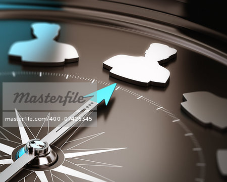 Recruitment or hiring qualified candidate concept. Compass needle pointing a talent symbol over a brown and blue background with focus and blur effect.