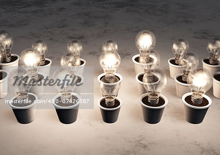 rows of light bulbs with different sizes in white pots lie on a white and gray abstract ground, some light bulbs are lit randomly with a white light