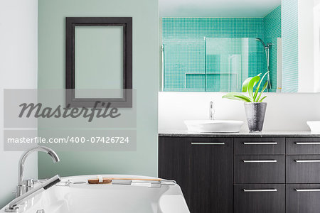 Modern Bathroom with blank wall for your test, image or logo. Soft Green Pastel Colors