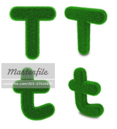 Letter T covered by green grass isolated on white background
