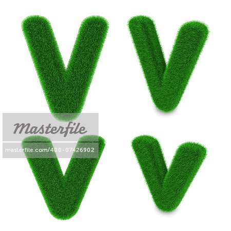 Letter V covered by green grass isolated on white background
