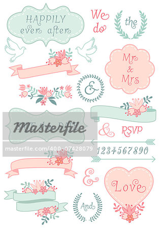 vintage wedding frames and ribbons, floral laurel wreath, set of vector design elements