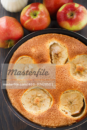 Freshly baked apple pie with apples on background