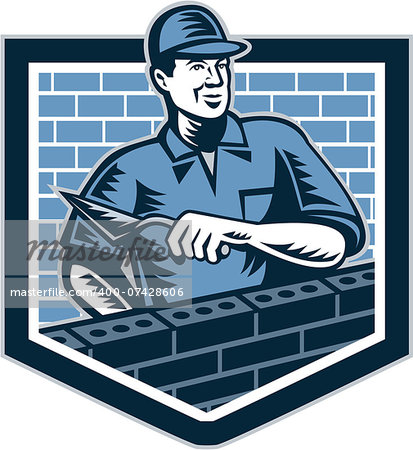 Illustration of a brick layer tiler plasterer mason masonry construction worker with trowel done in retro style.