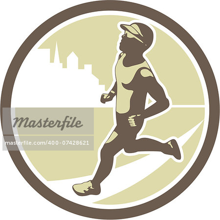 Illustration of triathlete marathon runner running facing side view with buildings in background set inside circle on isolated done in retro style.