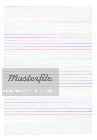 Notebook paper with colorful lines isolated on pure white background