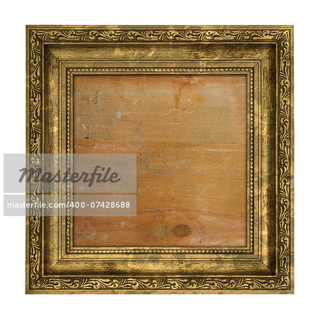 Ruined golden frame with wooden interior isolated on white