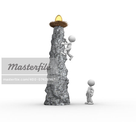 3d people - men, person climbing on cliff. Nest with gold egg