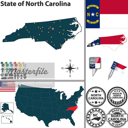 Vector set of North Carolina state with flag and icons on white background