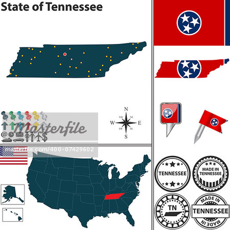 Vector set of Tennessee state with flag and icons on white background