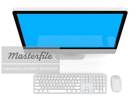 Modern desktop computer with white blank screen isolated on white background