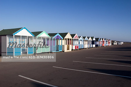 Beach Huts at Southwold, Suffolk , England, viewed from the car park.