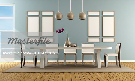 Contemporary blue dining room with white modern chair and table - rendering