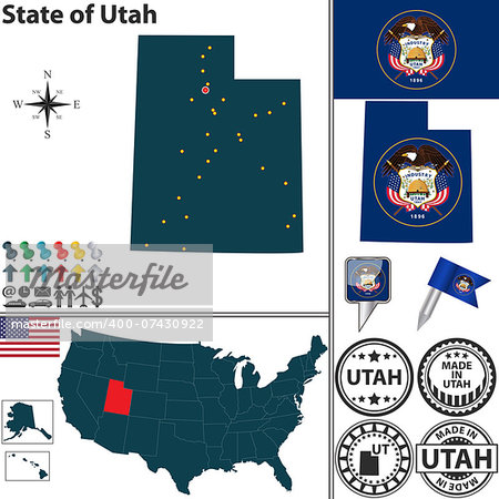 Vector set of Utah state with flag and icons on white background