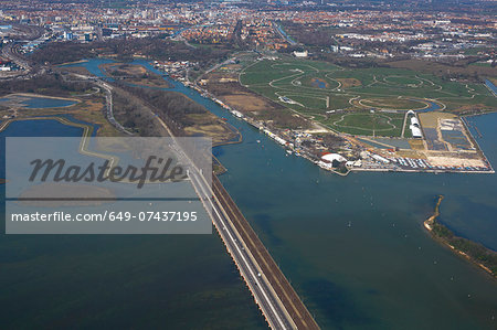 Aerial view of road bridge to Venice, Italy