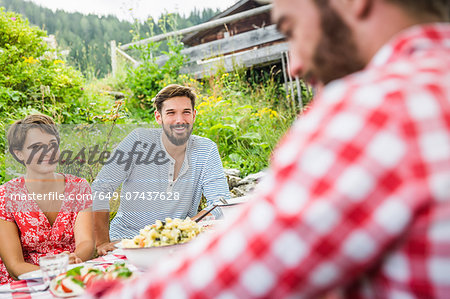 Group of friends having picnic lunch, Tyrol, Austria