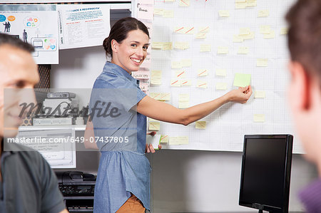 Woman sticking adhesive notes on whiteboard