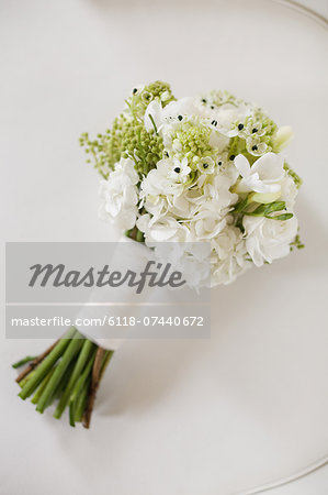 A wedding bouquet. White cut flowers, green seed heads, and foliage. Green stems and white ribbon.