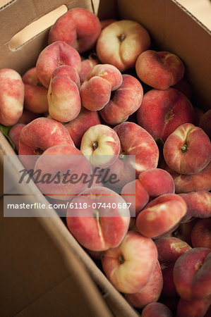 Fresh fruit on an organic farm stand. Doughnut peaches in a box.