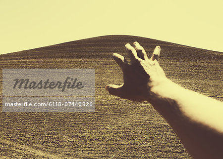 Hand extending towards ploughed farmland, near Pullman