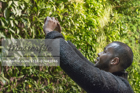 A man taking an image on his mobile phone, of a wall covered in lush foliage.