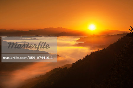 Sunrise behind Mountains and Sea of Clouds, Nara Prefecture, Japan