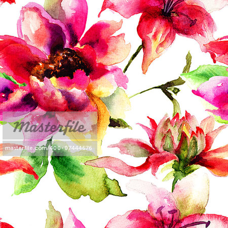 Seamless pattern with original flowers, Watercolor painting