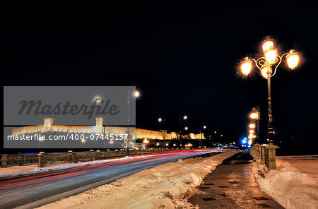 Skopje night scene - The Kale citadel and the bridge in winter