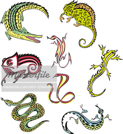 Vector images of miscellaneous reptiles. Set of illustrations.