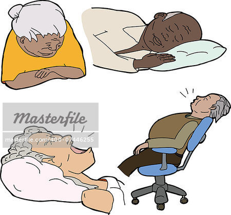 Various senior adults asleep over white background