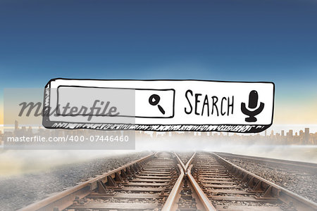 Search bar doodle against railway tracks leading to city on the horizon