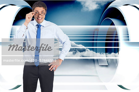 Thinking businessman tilting glasses against abstract cloud design in futuristic structure