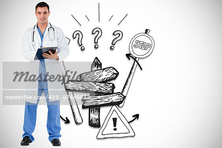 Doctor with a clipboard against directions illustration