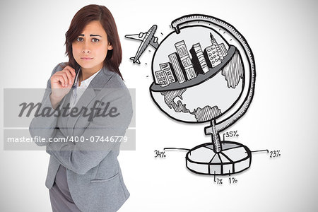 Worried businesswoman against tourism illustration