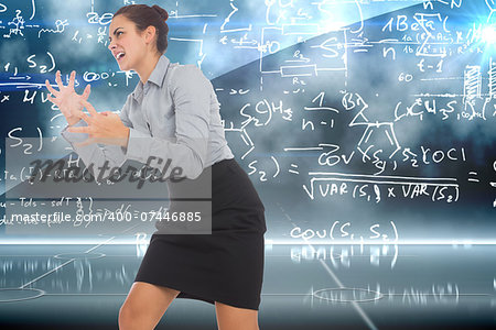 Furious businesswoman gesturing against math equation background