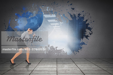 Furious businesswoman gesturing against splash on wall revealing global server graphic